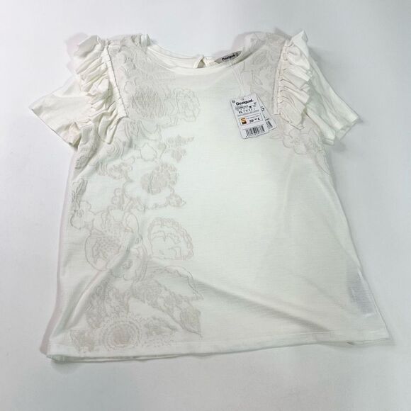 Desigual Blouse Womens Extra Large White Floral Ruffles Short-Sleeve Crew Neck N - Picture 1 of 12